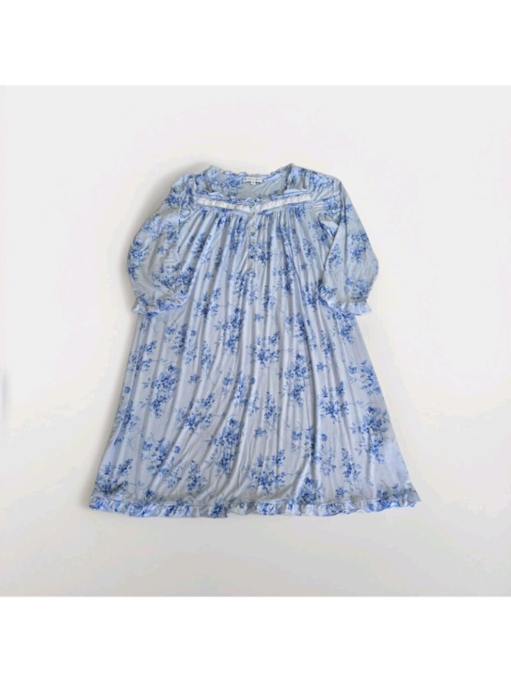 Eileen West Modal Nightgown M Blue Floral Lace Trim Ruffle Sleepwear Trad Wife - Picture 9 of 15